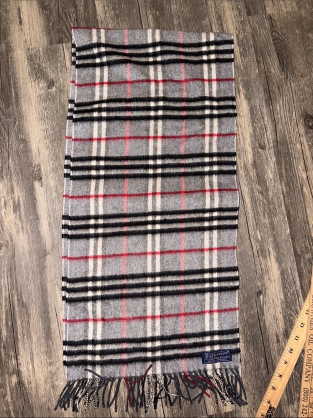 Vintage Burberry Gray Plaid Scarf with Black, White & Red Accents